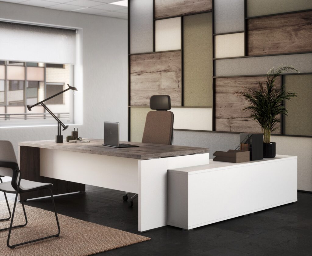 Bureau de direction blanc et bois avec tiroirs Valence